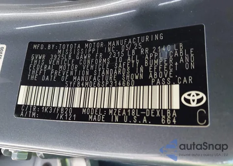 2025 Toyota Corolla Le из США, поврежденный, VIN 5YFB4MDE6SP314660